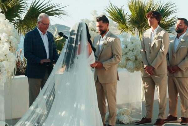 Caitlin and Damon at their wedding ceremony on Paros, Greece, filmed by Konstantinos Liopetas